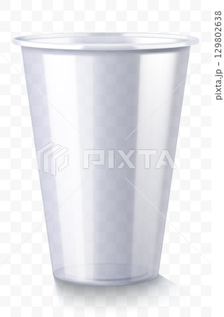 Disposable plastic cup isolated on transparent background. Transparent glossy cup for cold drinks such as soda, sparkling water, soft and alcoholic drinks, beer. Mock up Disposable plastic cup isolated on transparent background. Transparent glossy cup for cold drinks such as soda, sparkling water, soft and alcoholic drinks, beer. Mock up 129802638