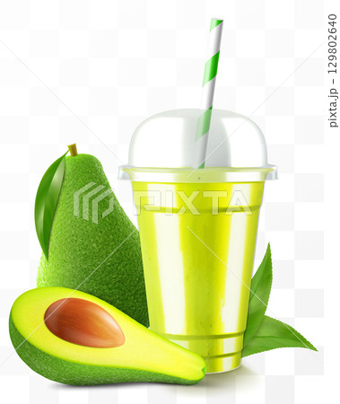 Clear plastic cup with avocado juice or smoothie. Cup with sphere dome cap for milkshake, lemonade. Fruity organic shake with ice cube. Fruit cocktail. Realistic 3d vector template Clear plastic cup with avocado juice or smoothie. Cup with sphere dome cap for milkshake, lemonade. Fruity organic shake with ice cube. Fruit cocktail. Realistic 3d vector template 129802640