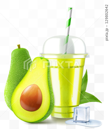 Clear plastic cup with avocado juice or smoothie. Cup with sphere dome cap for milkshake, lemonade. Fruity organic shake with ice cube. Fruit cocktail. Realistic 3d vector template 129802642