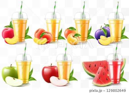 Set of clear plastic cups with juice or smoothie. Cup with sphere dome cap for milkshake, lemonade. Fruity organic shake with different exotic fruits. Fruit cocktail. Realistic 3d vector template 129802649