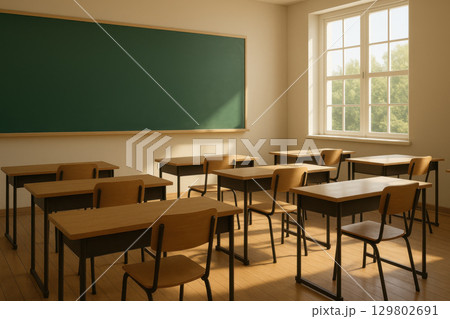 Empty classroom with wooden desks and chairs sunlight streaming through large window on green chalkboard wall 129802691