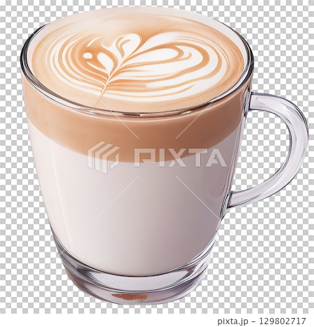 Steaming coffee mug with swirling cream painted in warm watercolor tones, isolated on white background. Cozy beverage illustration 129802717