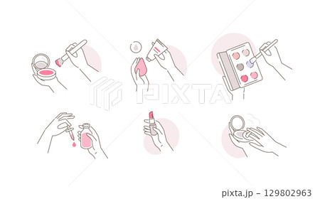 Beauty Girl Hands Holding Containers and Bottles with Beauty Products. Facial Foundation, Lipstick, Serum and other Facial Make Up Cosmetics 129802963