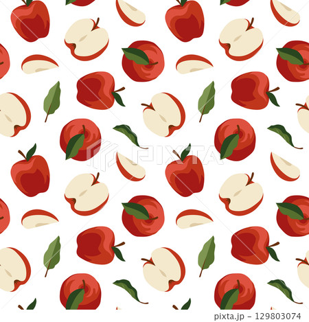 Vector hand-drawn seamless summer pattern with red apples, leaves and sliced apple fruit on white background. 129803074