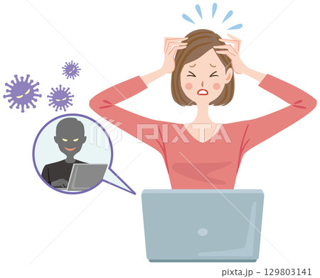 パソコンの不正アクセスの被害にあった女性のイラスト 詐欺 犯罪 パソコンの不正アクセスの被害にあった女性のイラスト 詐欺 犯罪 129803141