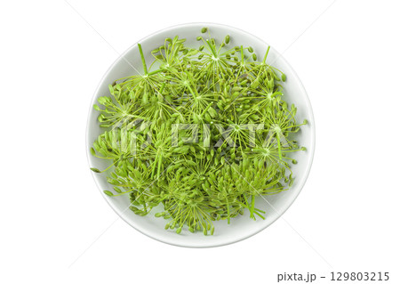 Dill herb or Anethum graveolens flower isolated on white background. Top view. Flat lay 129803215