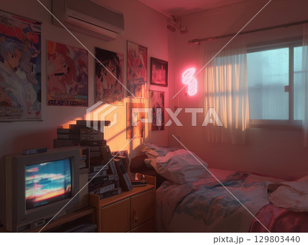 ノスタルジックなアニメポスターの部屋｜夕焼けに染まるレトロな空間 129803440