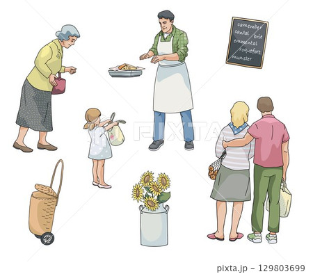standing isolated peoples shopping at a farmer's market , man and woman, vendor , girl  with shopping bag, senior woman 129803699