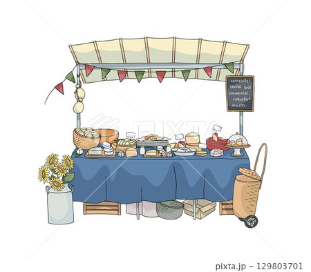 Market stall is filled with fvariety of cheese. Hand drawn outline colour vector illustration 129803701
