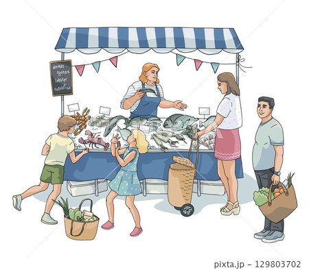 market scene with man and women buying fish from local vendor. Market stall is filled with variety of fish and seafoods. Hand drawn outline colour vector illustration 129803702
