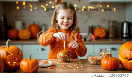 A happy little girl decorates a festive caramel apple with sprinkles, surrounded by Halloween pumpkins. 129803707