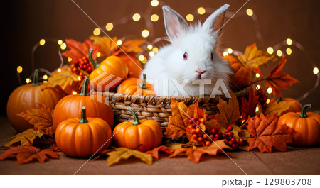 An adorable white rabbit in a basket with pumpkins and autumn leaves, a festive fall pet concept 129803708