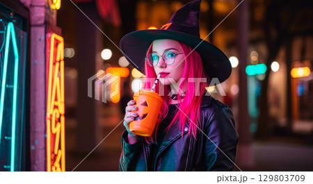 A stylish young woman in a witch hat drinks from a pumpkin cup, celebrating Halloween in a city at night 129803709