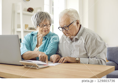Senior couple sitting at the table and calculating finances or taxes at home. 129803736