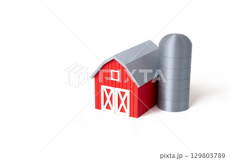 Farm barn on white background, figurine. Farming and agrocomplex. Farm barn on white background, figurine. Farming and agrocomplex. 129803789