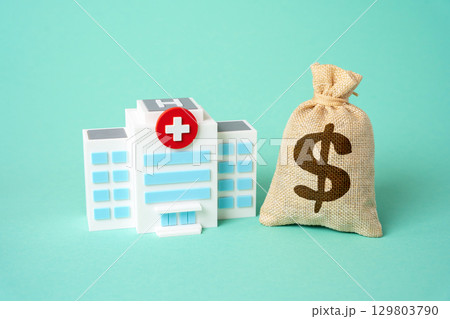 Hospital building and dollar money bag. Healthcare budget. Investments in medicine. 129803790