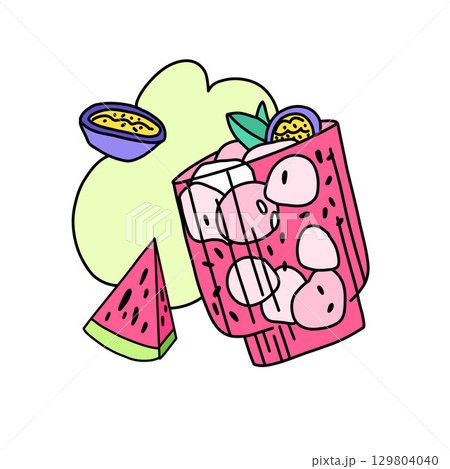 neon pink cocktail with passion fruit, watermelon, ice and seeds on a lime green spot neon pink cocktail with passion fruit, watermelon, ice and seeds on a lime green spot 129804040