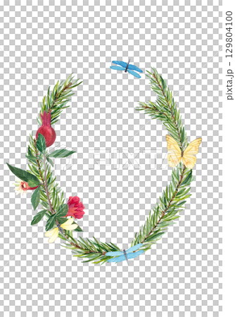 Pomegranate fruits flowers leaves fir branches butterfly watercolor botanical frame isolated on white. Perfect for invitations, packaging, branding, greeting cards, natural products, rustic themes 129804100