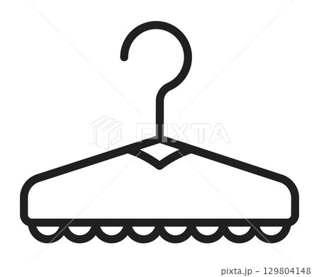 Clothes hanger with frills, feminine changing room sign, black line icon, simple vector monochrome pictogram for a locker, cloakroom, wardrobe, outline illustration Clothes hanger with frills, feminine changing room sign, black line icon, simple vector monochrome pictogram for a locker, cloakroom, wardrobe, outline illustration 129804148