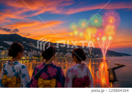 熱海港と打ち上げ花火 129804164