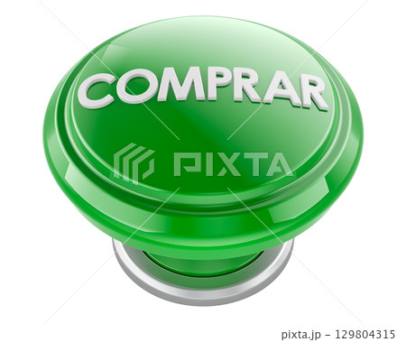 Comprar green push button, Spanish for buy. 3D rendering 129804315