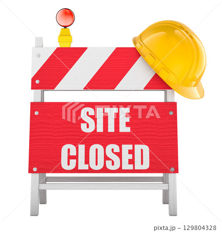 Site Closed concept with construction barrier and helmet. 3D rendering 129804328