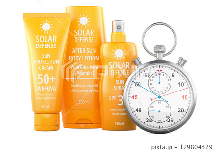 Sunscreen products with stopwatch. 3D rendering 129804329