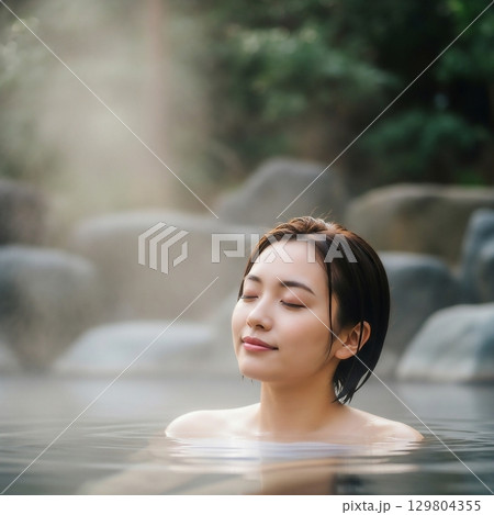 のんびり露天風呂に入る若い女性 129804355