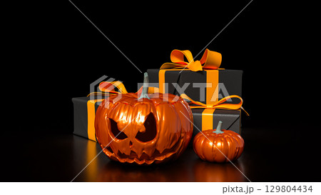 The Pumpkin and gift box for Halloween orHoliday concept 3d Rendering. 129804434
