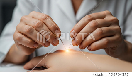 Hands of an acupuncturist skillfully insert fine needles into a client's hand, creating a soothing and therapeutic experience in a tranquil clinic setting. 129804527