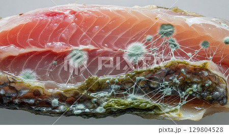 A piece of raw fish is showing significant signs of spoilage, including softening tissue and a rapidly spreading mold pattern across its surface, indicating spoilage and poor storage. A piece of raw fish is showing significant signs of spoilage, including softening tissue and a rapidly spreading mold pattern across its surface, indicating spoilage and poor storage. 129804528