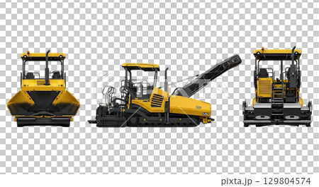 This large asphalt paver is shown from three angles, highlighting its front hopper and rear screed. The machine is tracked and designed for efficient asphalt laying in construction projects. 129804574