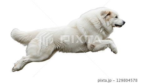 This majestic Great Pyrenees captures attention as it leaps midair, showcasing its strong build and fluffy white coat. The isolated background highlights its movement and agility. This majestic Great Pyrenees captures attention as it leaps midair, showcasing its strong build and fluffy white coat. The isolated background highlights its movement and agility. 129804578