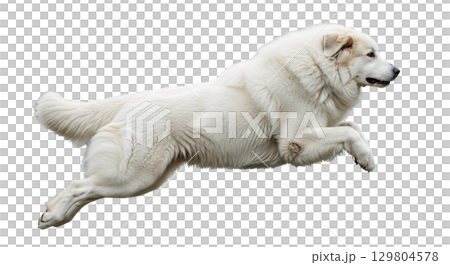 This majestic Great Pyrenees captures attention as it leaps midair, showcasing its strong build and fluffy white coat. The isolated background highlights its movement and agility. This majestic Great Pyrenees captures attention as it leaps midair, showcasing its strong build and fluffy white coat. The isolated background highlights its movement and agility. 129804578