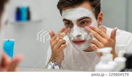 In a well-lit bathroom, a man carefully applies a facial mask, his fingers gliding over the smooth surface as he focuses on his grooming routine. Morning light enhances the reflective atmosphere. 129804579