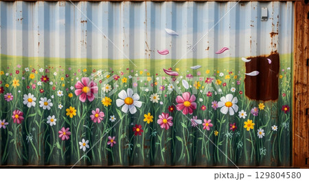 Vibrant painted flowers sway on a container, with a few petals detaching and drifting away. The scenery combines nature with an industrial backdrop, creating an intriguing visual experience. Vibrant painted flowers sway on a container, with a few petals detaching and drifting away. The scenery combines nature with an industrial backdrop, creating an intriguing visual experience. 129804580