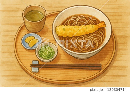 海老天ぷらそばのイラスト / Tempura Soba Noodles Illustration 129804714