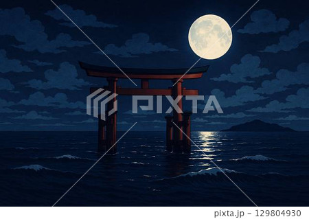 満月の夜に浮かぶ海の鳥居 / Torii Gate in the Sea under the Ful 129804930