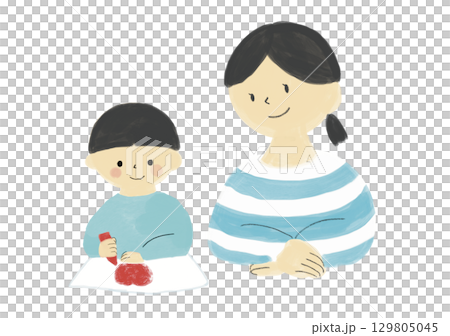 イラストを描く子供を見守る母 129805045