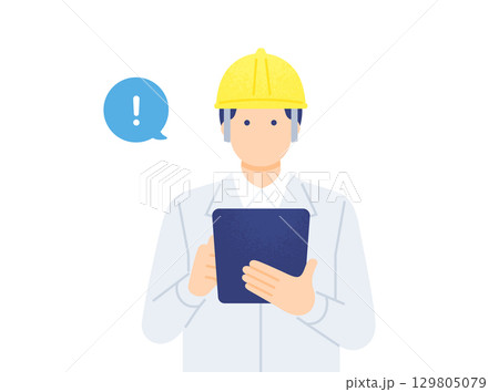 タブレットを操作する作業員 在庫管理をする男性のベクターイラスト素材 129805079