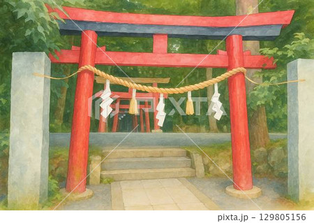 注連縄が張られた鳥居と神社参道 / Torii Gate with Sacred Rope and  注連縄が張られた鳥居と神社参道 / Torii Gate with Sacred Rope and  129805156