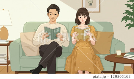 最高の瞬間！二人で読書を楽しむカップル 129805162