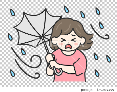 颱風天,一位身著休閒服、撐著反傘的女士的插圖 | 強風、大雨、颱風天 颱風天,一位身著休閒服、撐著反傘的女士的插圖 | 強風、大雨、颱風天 129805359