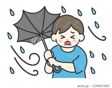 台風の日に傘が裏返ってしまった、私服姿の男性のイラスト｜強風・大雨・台風の日 129805360