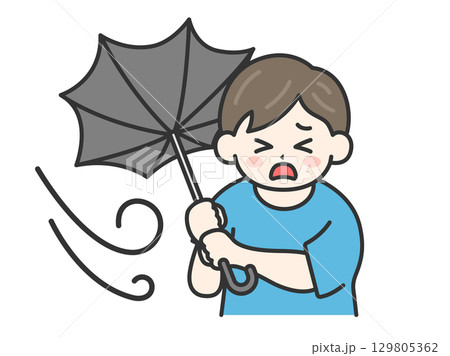 強風で傘が裏返ってしまった、私服姿の男性のイラスト｜強風・大雨・台風の日 129805362