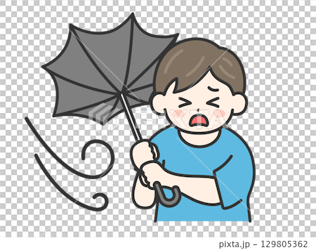 強風で傘が裏返ってしまった、私服姿の男性のイラスト｜強風・大雨・台風の日 129805362