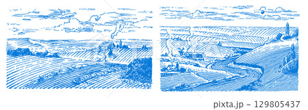 Rustic meadow hand drawn village landscape illustration with fields. Beautiful scentic view for milk Rustic meadow hand drawn village landscape illustration with fields. Beautiful scentic view for milk 129805437
