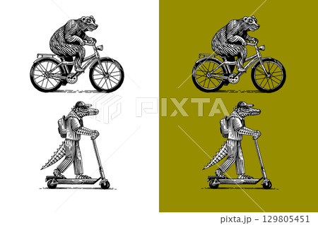Bear on bicycle and crocodile on scooter. Animal characters on vehicle. Modern concept in vintage 129805451
