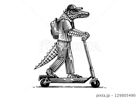 Crocodile or alligator on a scooter. Animal character on vehicle. Modern concept in vintage look Crocodile or alligator on a scooter. Animal character on vehicle. Modern concept in vintage look 129805490