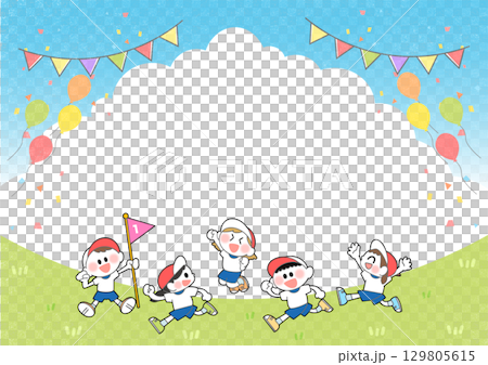 Illustration of five children running happily together with a blue sky background (horizontal, banner, poster) Illustration of five children running happily together with a blue sky background (horizontal, banner, poster) 129805615